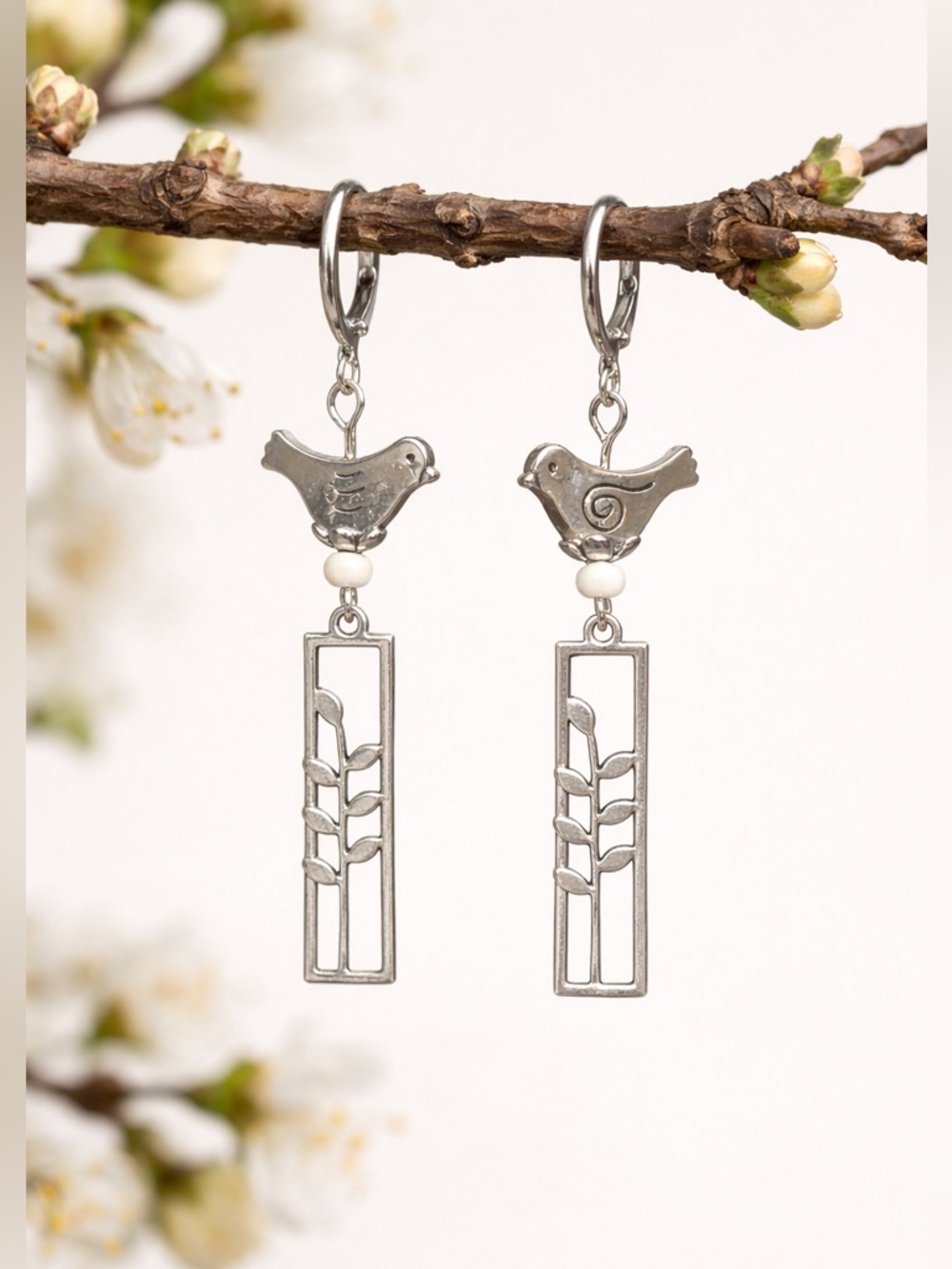 Artisan Silver Bird on Wheat Earrings – Leverback Dangle with White Bead